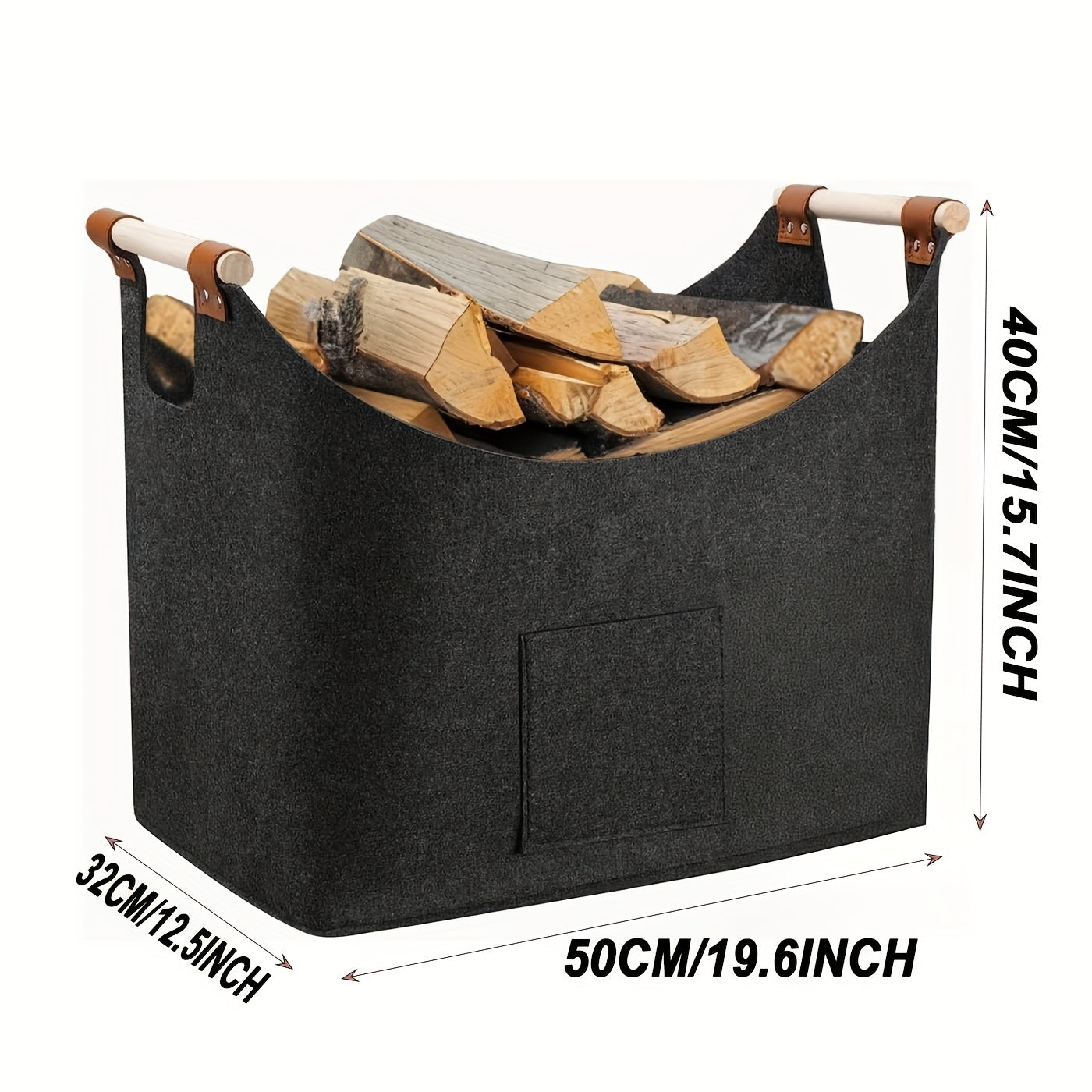 Opvouwbare haardhoutmand van vilt met houten handvatten – 55 liter