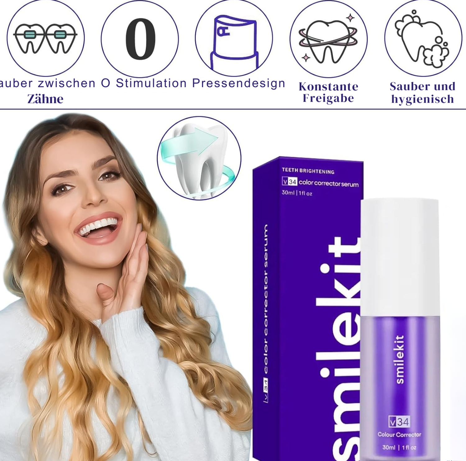 WhiteSmile™ – Kleuren­correctie-Serum & Paarse Tandpasta voor Stralend Witte Tanden [1 + 1 Gratis]