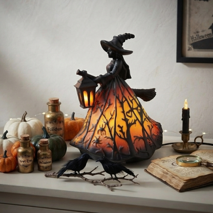 Heksen-decoratielamp met lantaarn – sfeervolle LED-verlichting voor de herfst