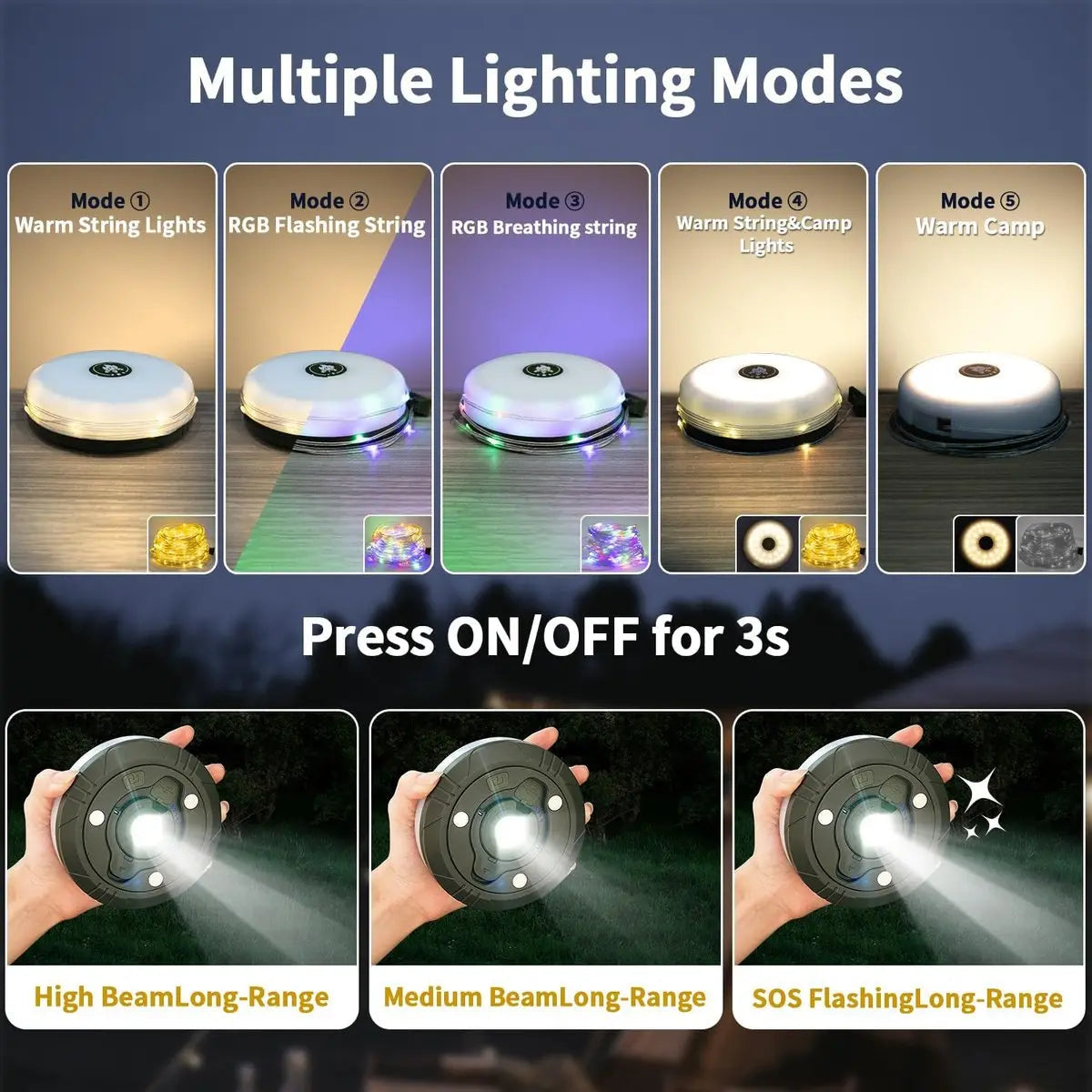 4-in-1 Kampeerlamp met RGB-licht, Zaklamp en Powerbank