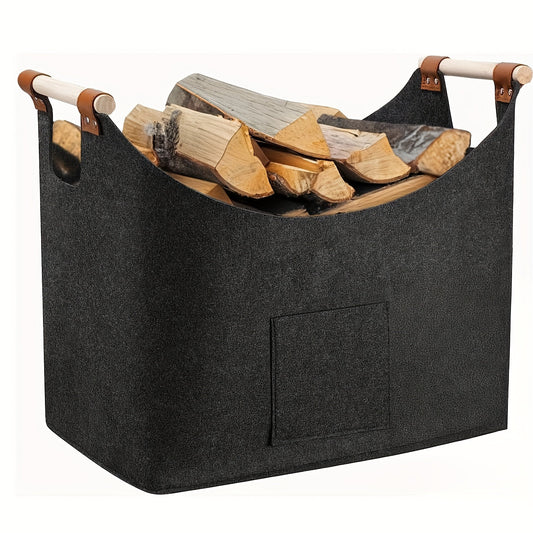 Opvouwbare haardhoutmand van vilt met houten handvatten – 55 liter