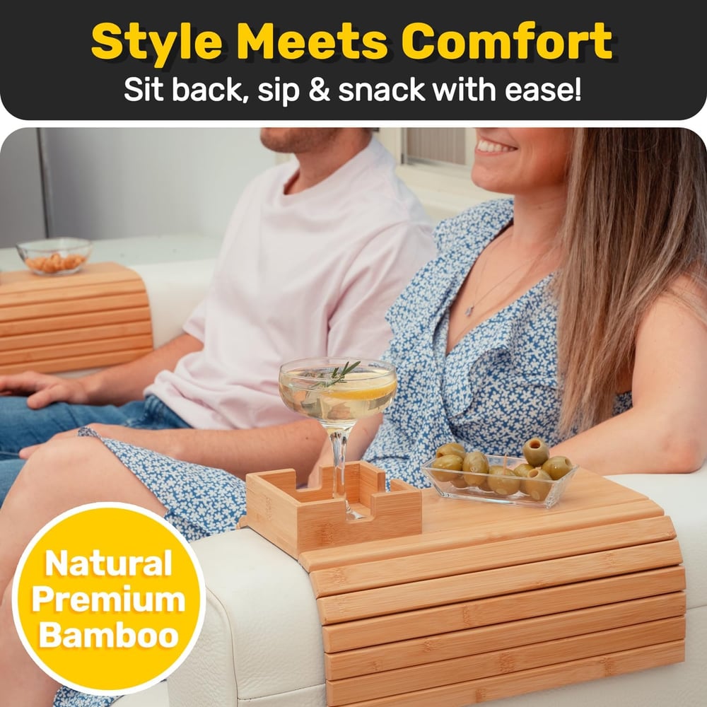 BambooEase™ – Bamboe armleuning dienblad – milieuvriendelijke beker- en snackhouder voor gezellige bankmomenten [50% Korting]