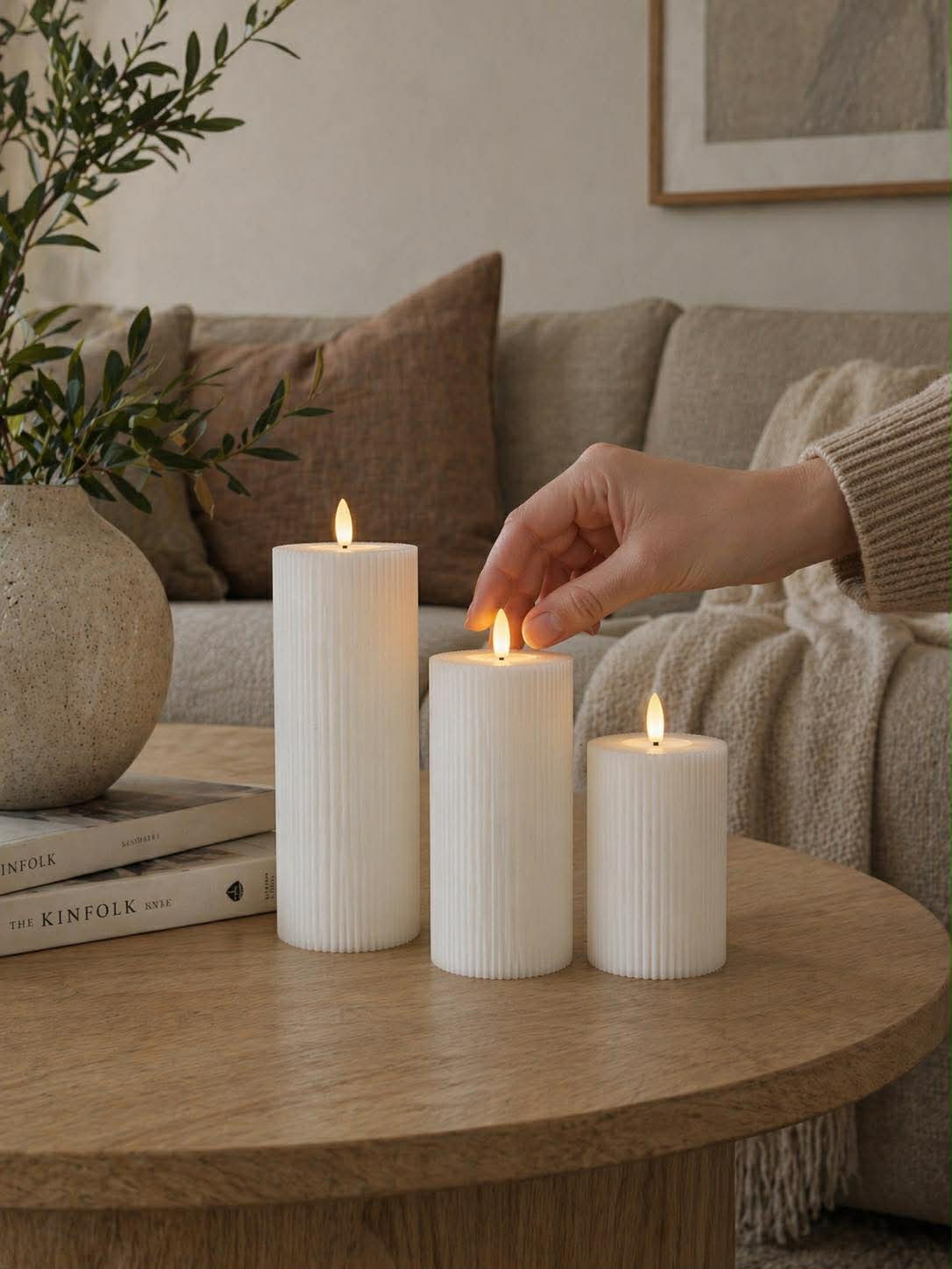 Kaarsenset 3-delig geribbeld met touch-functie – warmwit licht