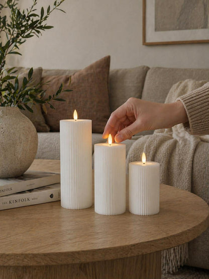 Kaarsenset 3-delig geribbeld met touch-functie – warmwit licht