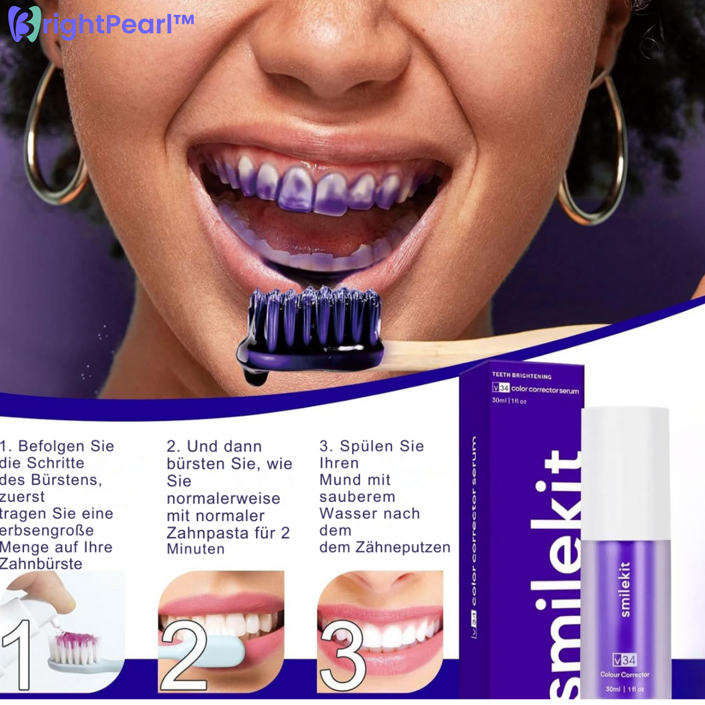 BrightPearl – Stralend witte tanden met kleurcorrectie-serum & paarse tandpasta [1 + 1 Gratis]