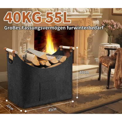 Opvouwbare haardhoutmand van vilt met houten handvatten – 55 liter
