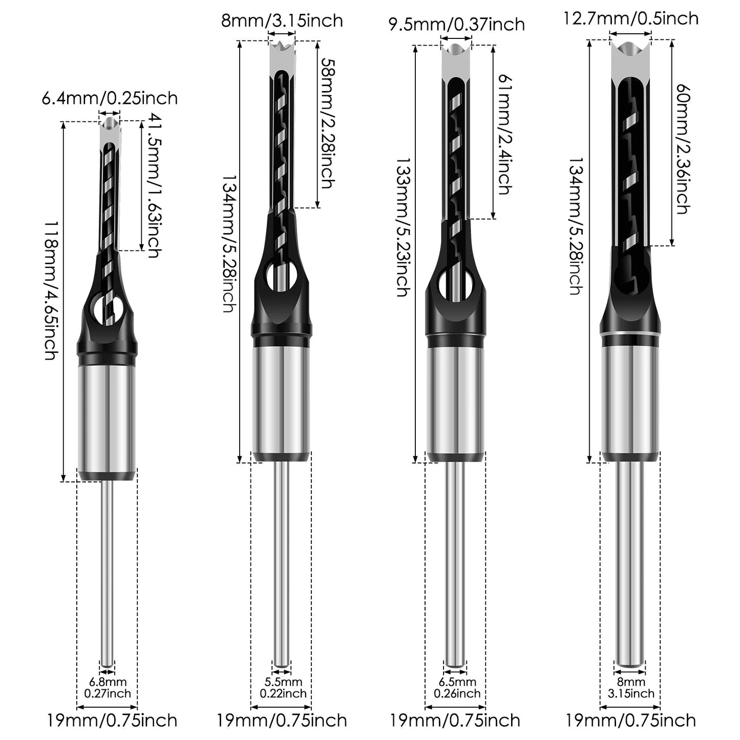 Steekbeitelадаптеropzetstukken voor pen- en gatverbindingen – 8 opzetstukken 6–16 mm
