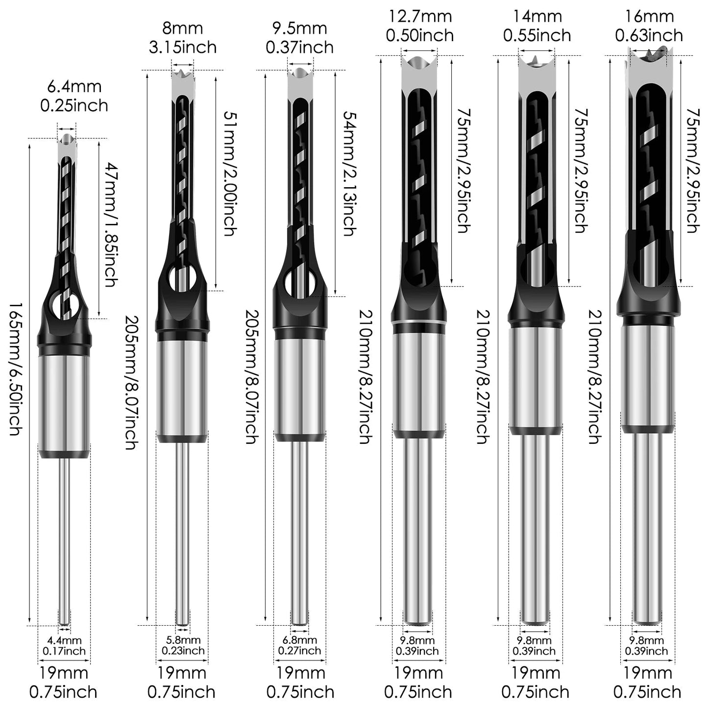 Steekbeitelадаптеropzetstukken voor pen- en gatverbindingen – 8 opzetstukken 6–16 mm