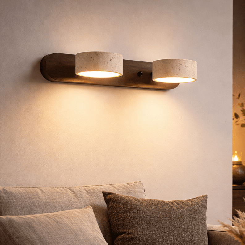 LED Wandlamp van Travertijn met Hout – Architectonisch Design