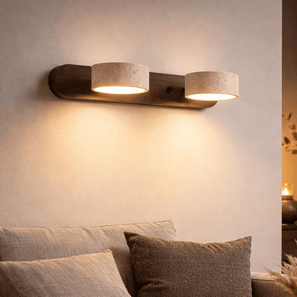 LED Wandlamp van Travertijn met Hout – Architectonisch Design