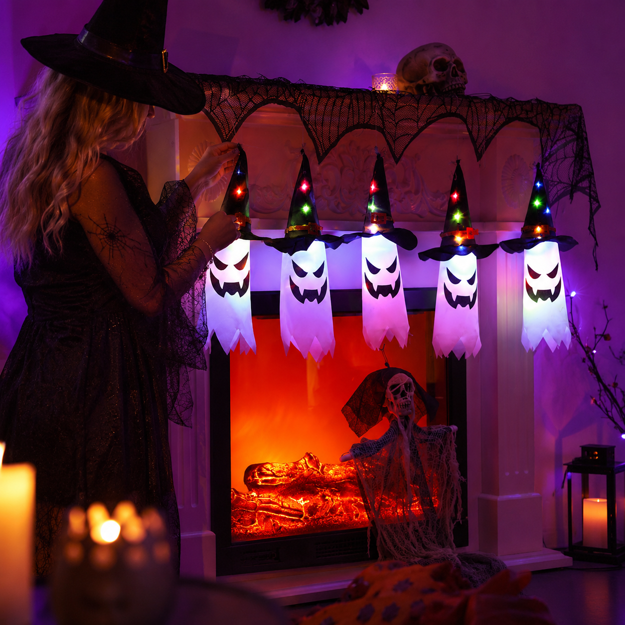 Halloween lichtslinger met geisterlantaarns – 5 LED geesten warmwit