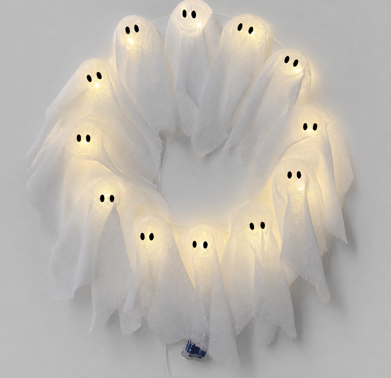 Halloween krans met LED-verlichting – 12 lichtgevende geesten, 31 cm