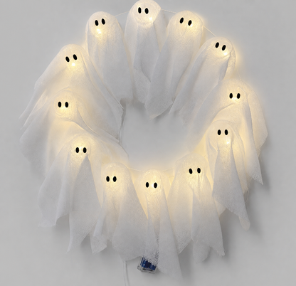 Halloween krans met LED-verlichting – 12 lichtgevende geesten, 31 cm