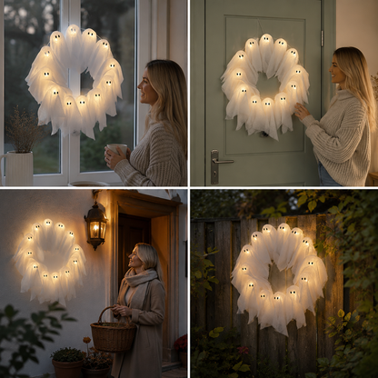 Halloween krans met LED-verlichting – 12 lichtgevende geesten, 31 cm