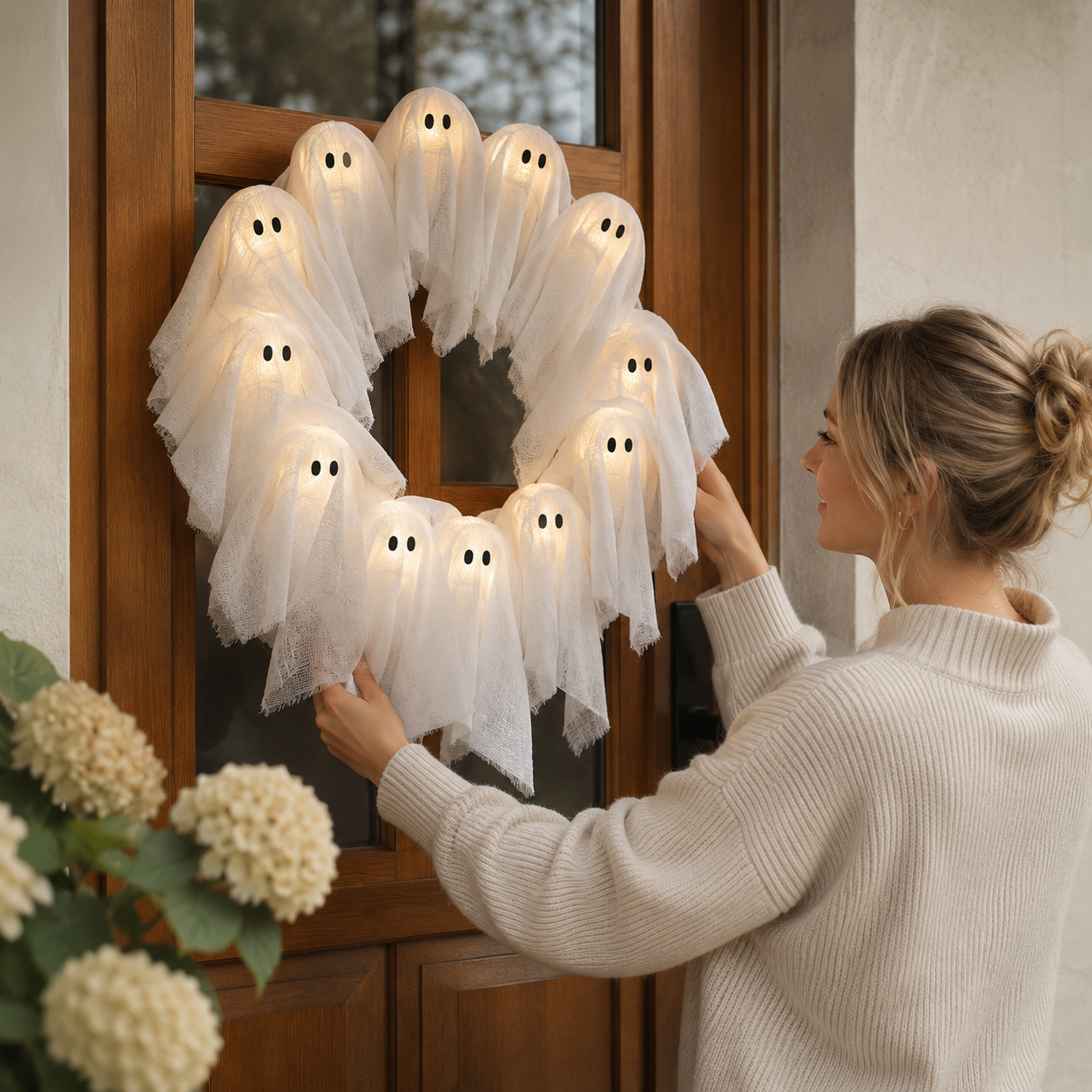 Halloween krans met LED-verlichting – 12 lichtgevende geesten, 31 cm