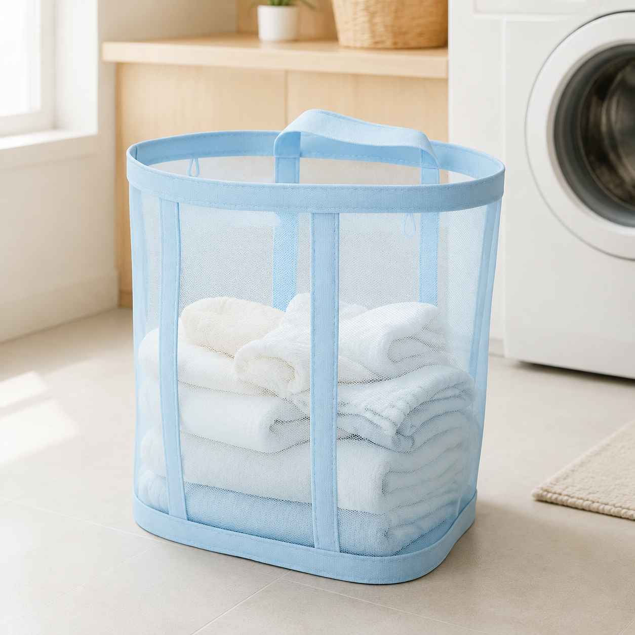 Opvouwbare wasmand van nylon mesh – ruimtebesparend en geventileerd