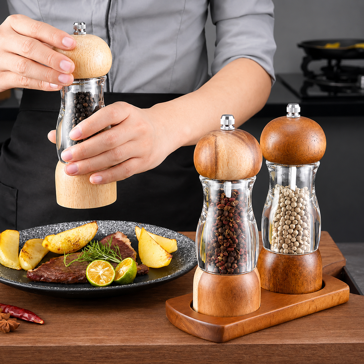 Zout- en pepermollenset van hout en glas voor de keuken