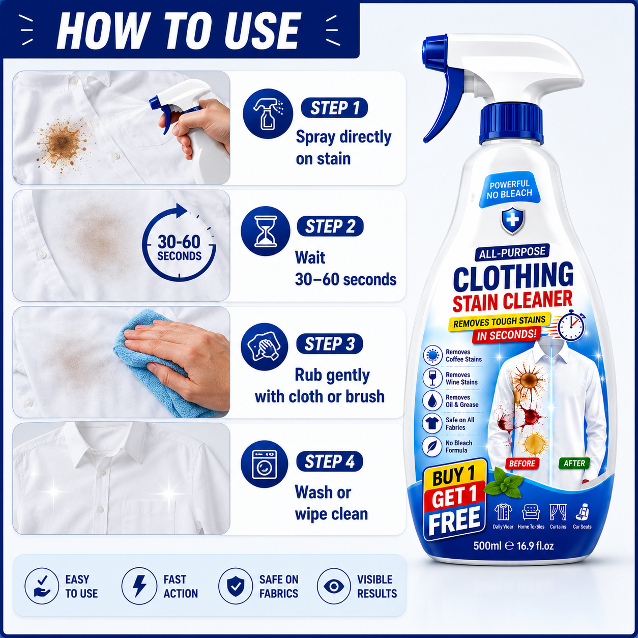 StainClean – Krachtige Textielvlekkenverwijderaar voor vlekkeloos schone stoffen [1 + 1 Gratis]