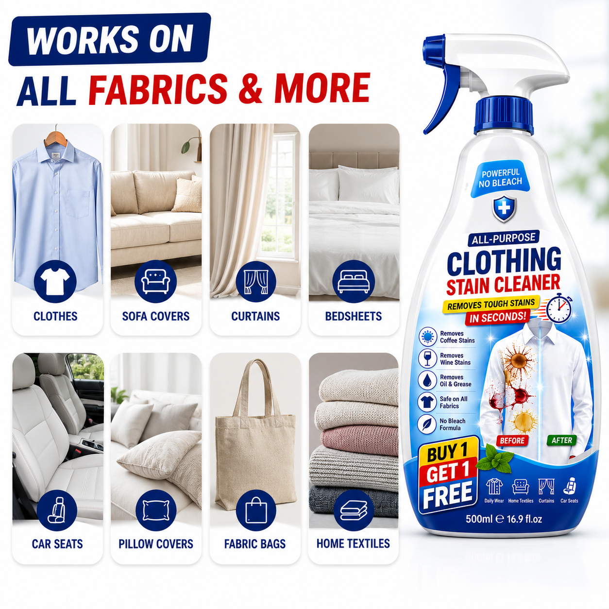 StainClean – Krachtige Textielvlekkenverwijderaar voor vlekkeloos schone stoffen [1 + 1 Gratis]