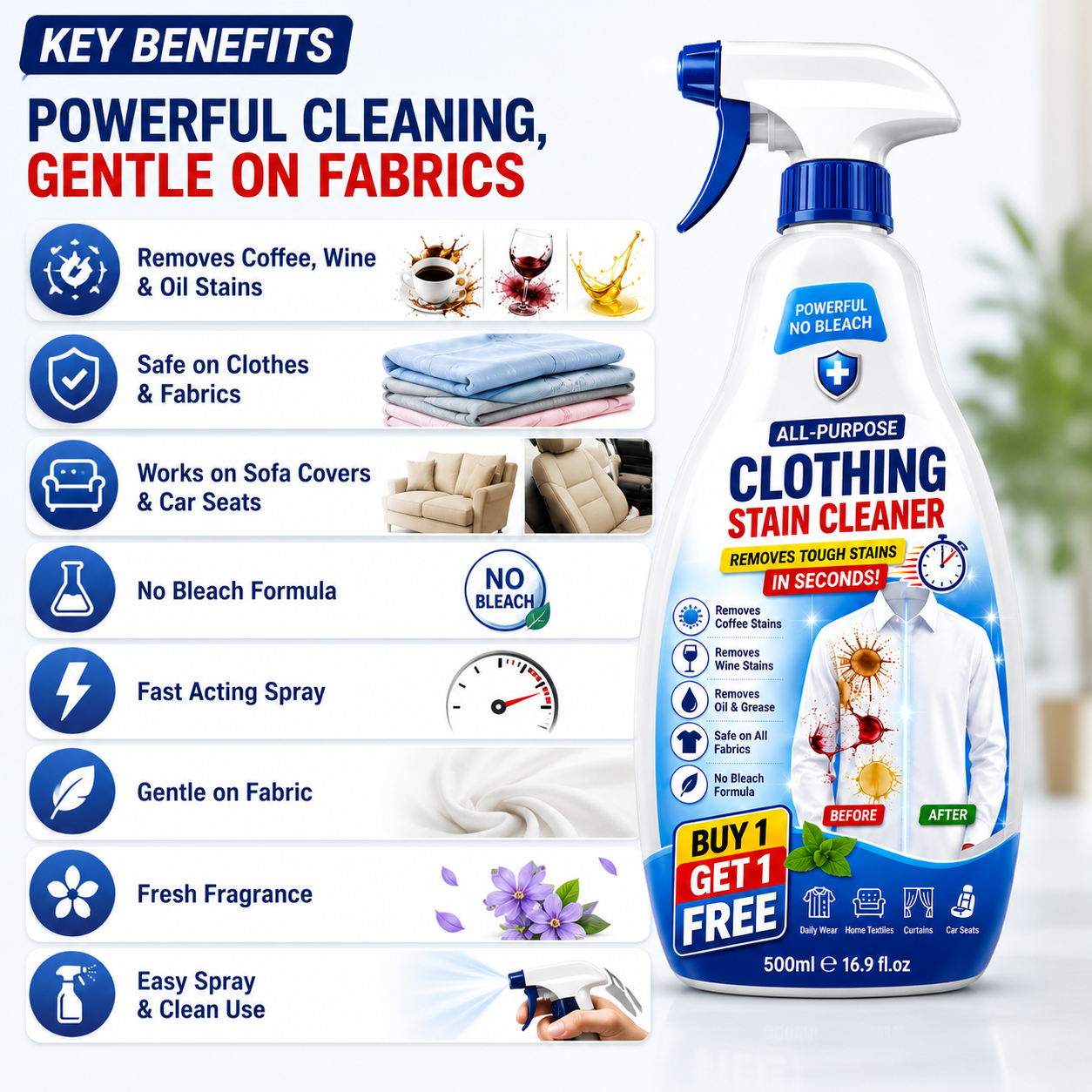 StainClean – Krachtige Textielvlekkenverwijderaar voor vlekkeloos schone stoffen [1 + 1 Gratis]