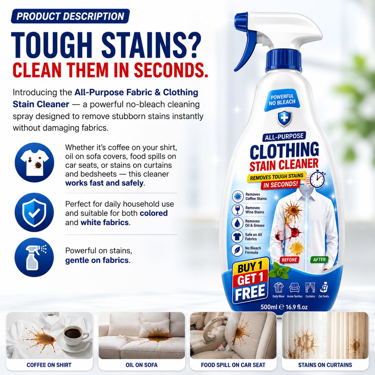 StainClean – Krachtige Textielvlekkenverwijderaar voor vlekkeloos schone stoffen [1 + 1 Gratis]