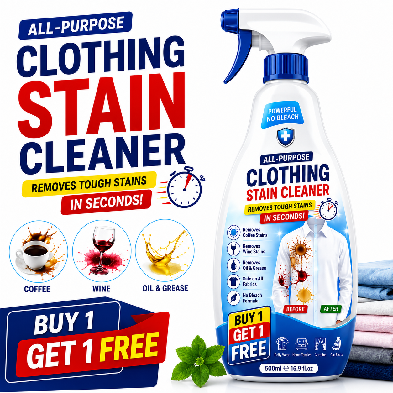 StainClean – Krachtige Textielvlekkenverwijderaar voor vlekkeloos schone stoffen [1 + 1 Gratis]