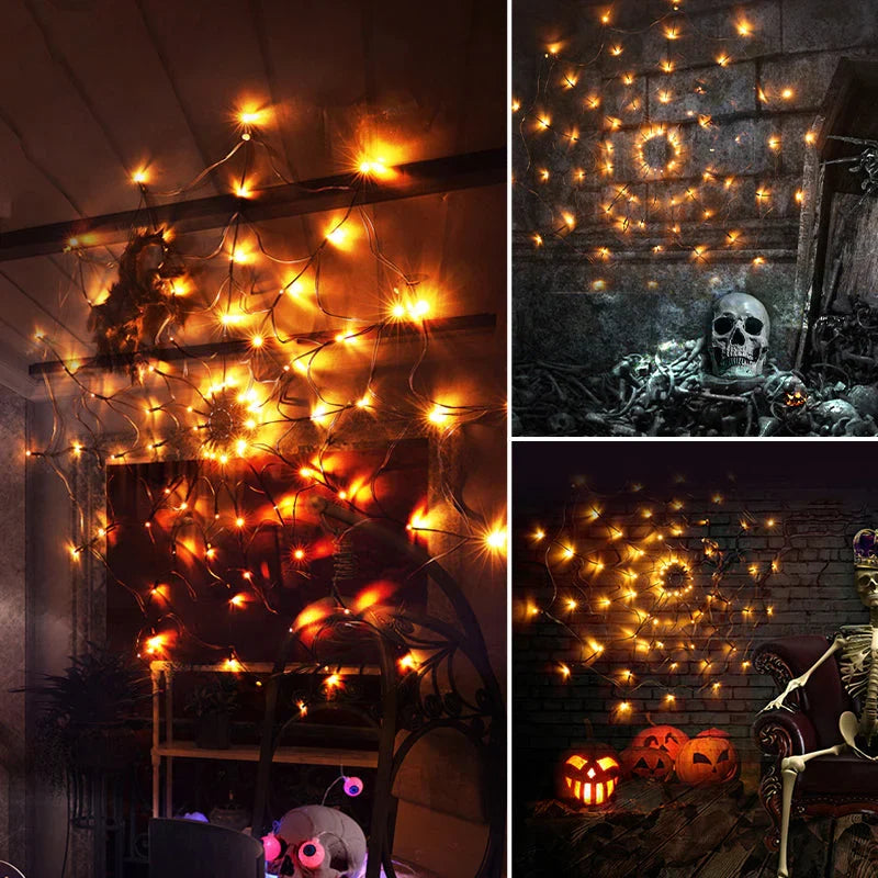 Spinnenweb lichtslinger met LED & afstandsbediening – Halloween decoratie binnen & buiten