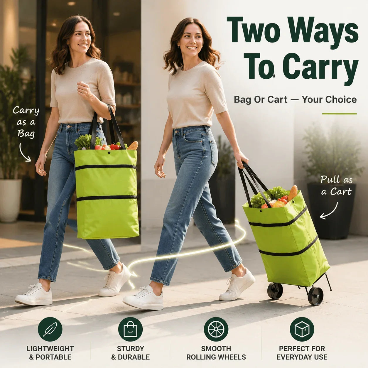 Opvouwbare boodschappentas met wielen – 2-in-1 draagtas en trolley