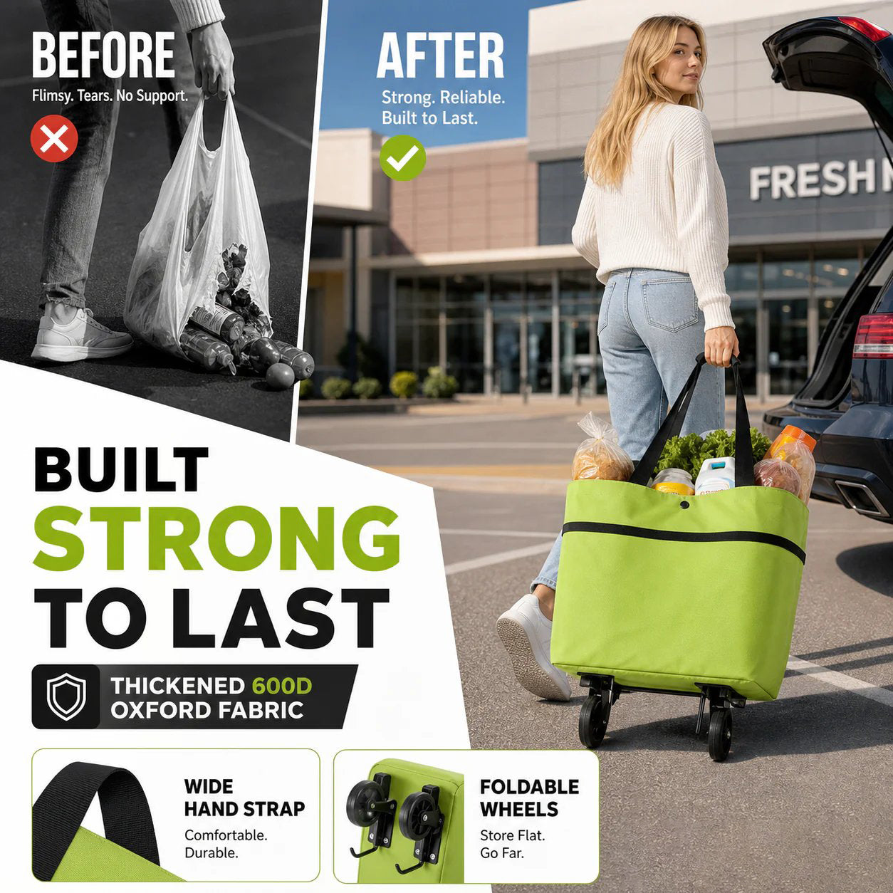 Opvouwbare boodschappentas met wielen – 2-in-1 draagtas en trolley