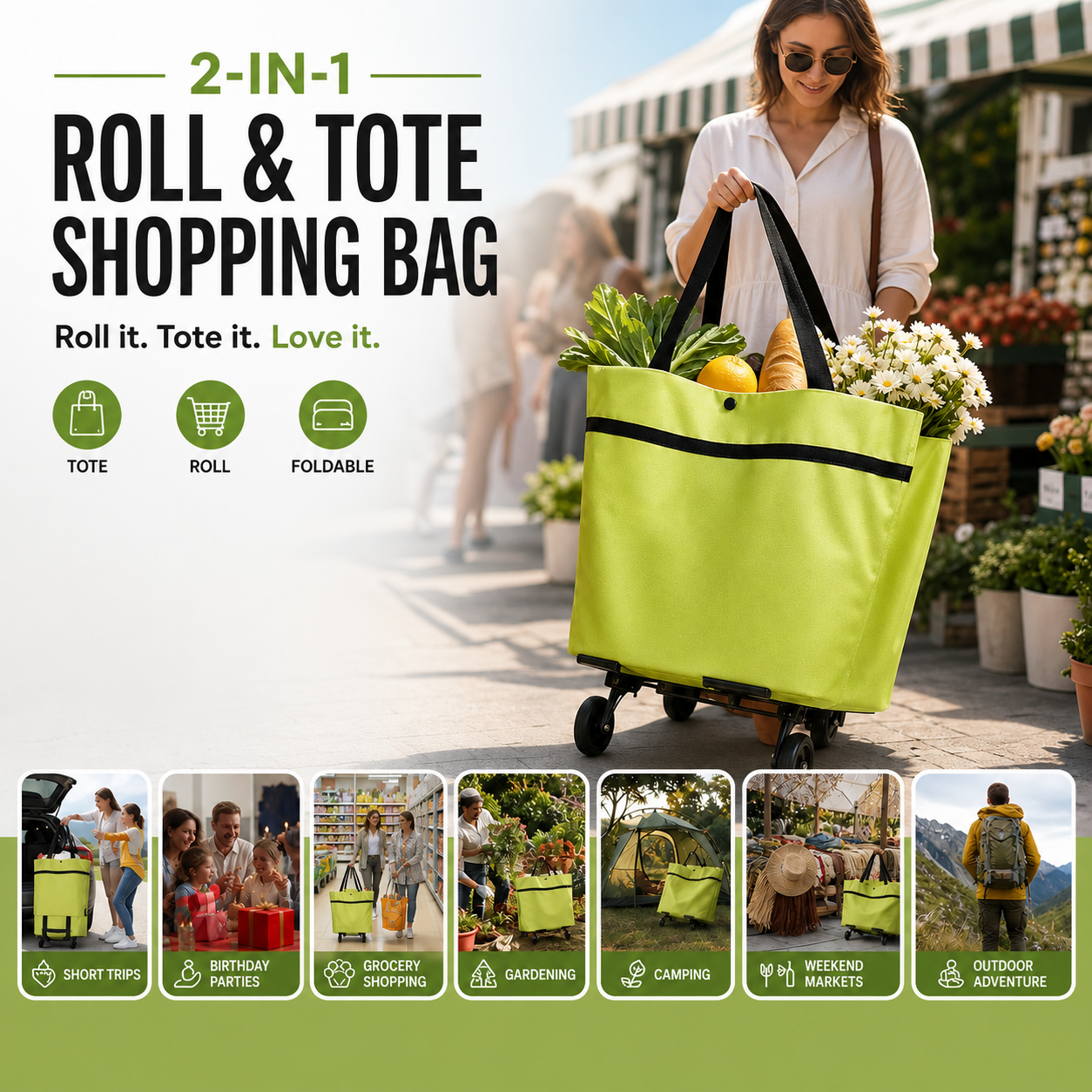 Opvouwbare boodschappentas met wielen – 2-in-1 draagtas en trolley
