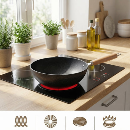 Keramische wok met glazen deksel en houten handgreep voor alle kookplaten