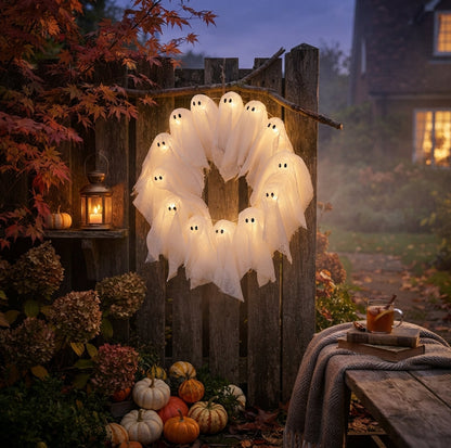 Halloween krans met LED-verlichting – 12 lichtgevende geesten, 31 cm