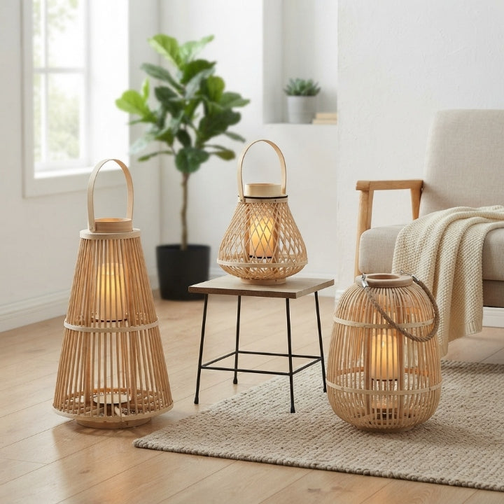 Rotan lantaarn met vlamloze LED-kaars – handgevlochten