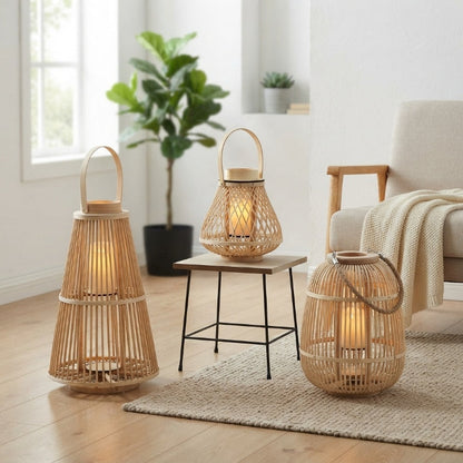 Rotan lantaarn met vlamloze LED-kaars – handgevlochten