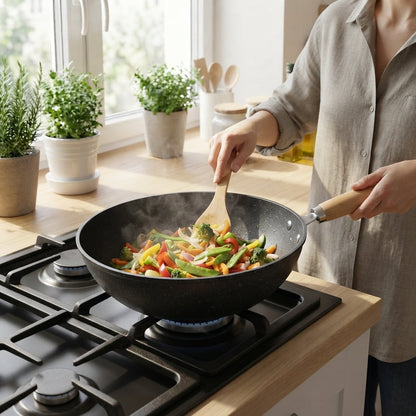 Keramische wok met glazen deksel en houten handgreep voor alle kookplaten