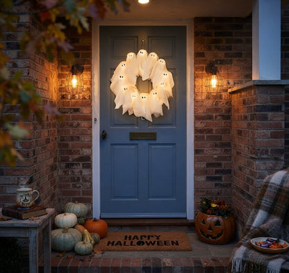 Halloween krans met LED-verlichting – 12 lichtgevende geesten, 31 cm