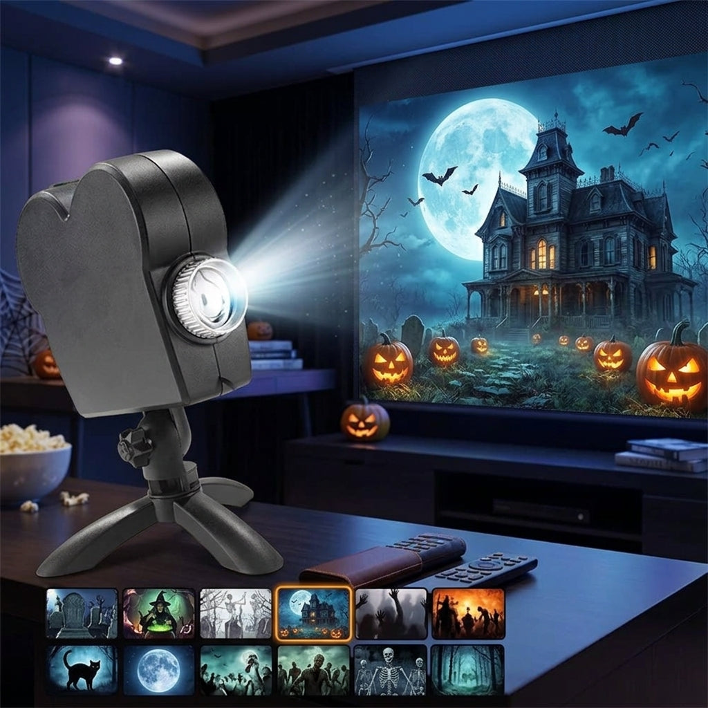 Halloween projector met 12 griezelvideos, statief en scherm