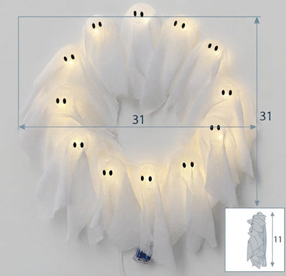 Halloween krans met LED-verlichting – 12 lichtgevende geesten, 31 cm