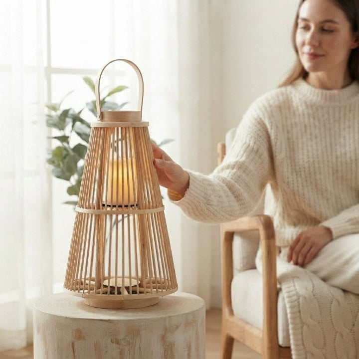 Rotan lantaarn met vlamloze LED-kaars – handgevlochten