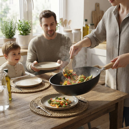 Keramische wok met glazen deksel en houten handgreep voor alle kookplaten