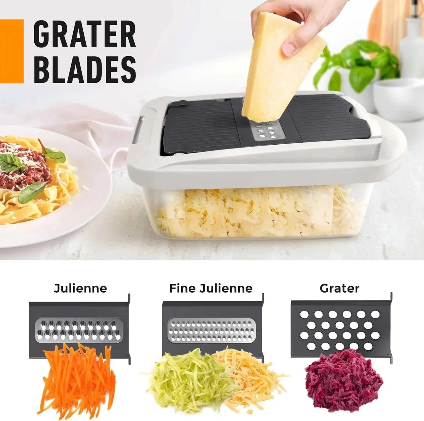 Groentesnijder met opvangbak – Blokjes snijden, schaven, julienne & raspen