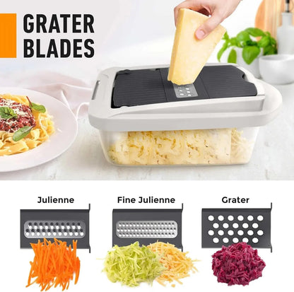 Groentesnijder met opvangbak – Blokjes snijden, schaven, julienne & raspen