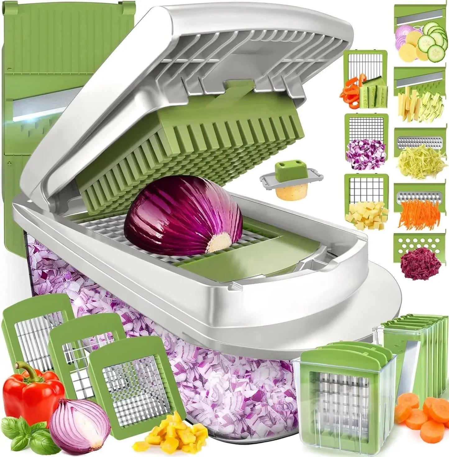Groentesnijder met opvangbak – Blokjes snijden, schaven, julienne & raspen
