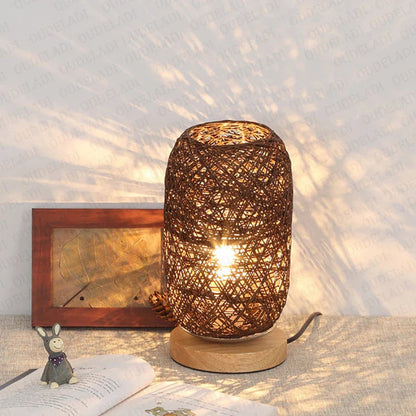 Houten tafellamp met touw handgemaakt warmwit LED-licht