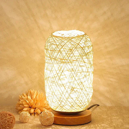 Houten tafellamp met touw handgemaakt warmwit LED-licht
