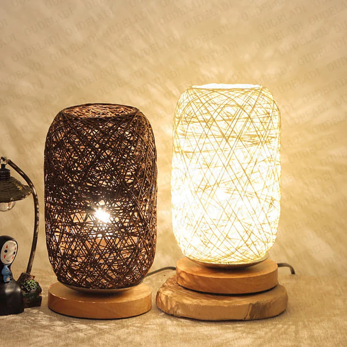 Houten tafellamp met touw handgemaakt warmwit LED-licht