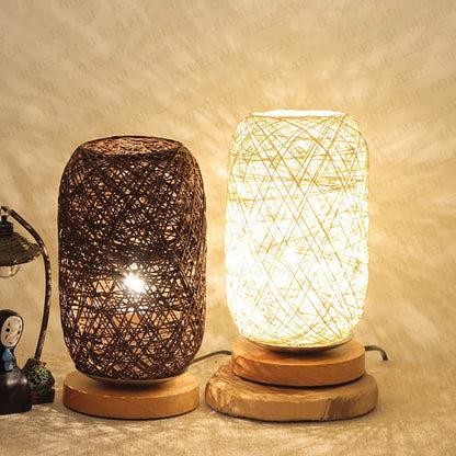 Houten tafellamp met touw handgemaakt warmwit LED-licht