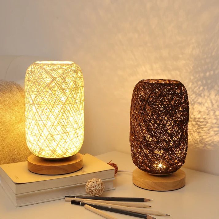 Houten tafellamp met touw handgemaakt warmwit LED-licht