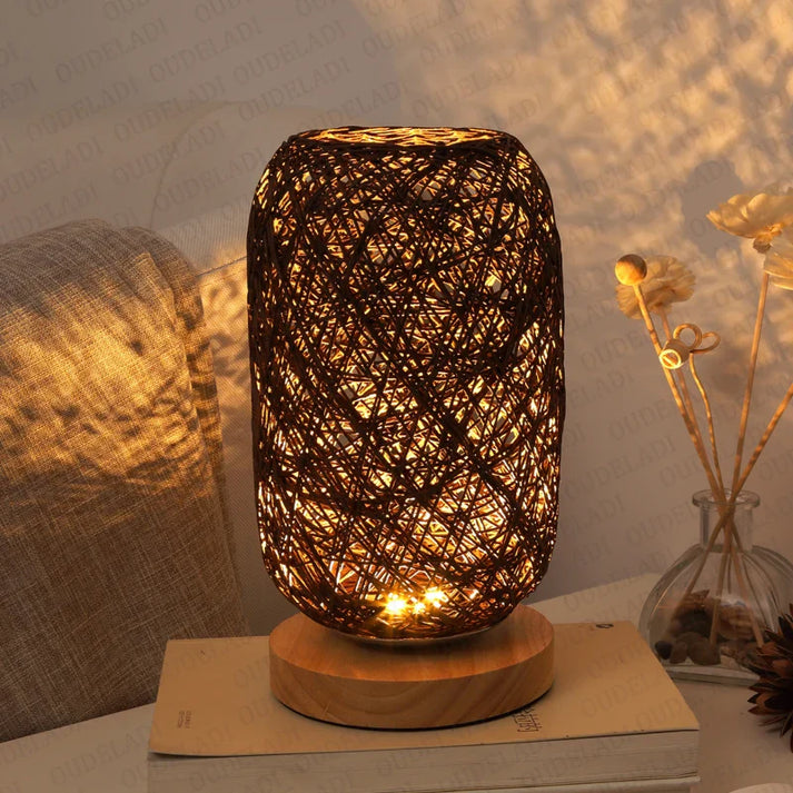 Houten tafellamp met touw handgemaakt warmwit LED-licht