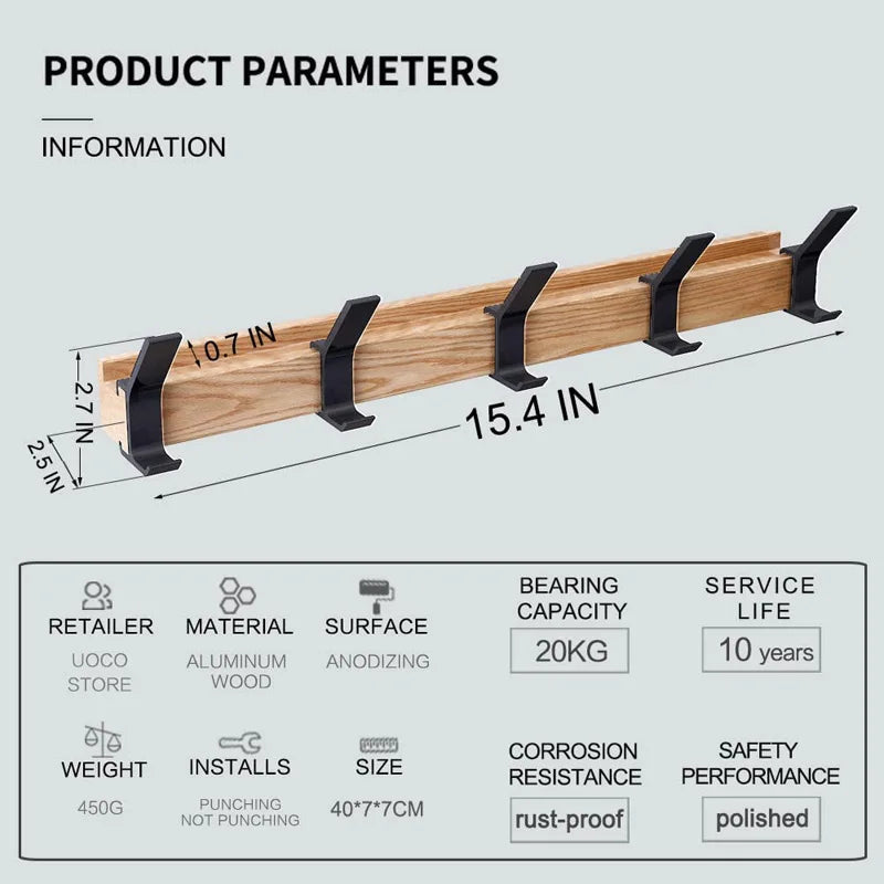 Wandkapstok met beweegbare dubbele haken – hout & aluminium